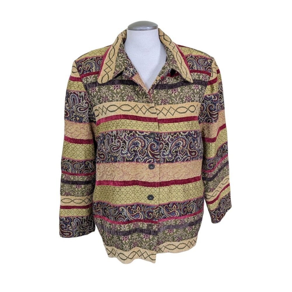 Vintage Alfred Dunner Womens Blazer Jacket Shacket Size 16 Gold Tapestry Boho